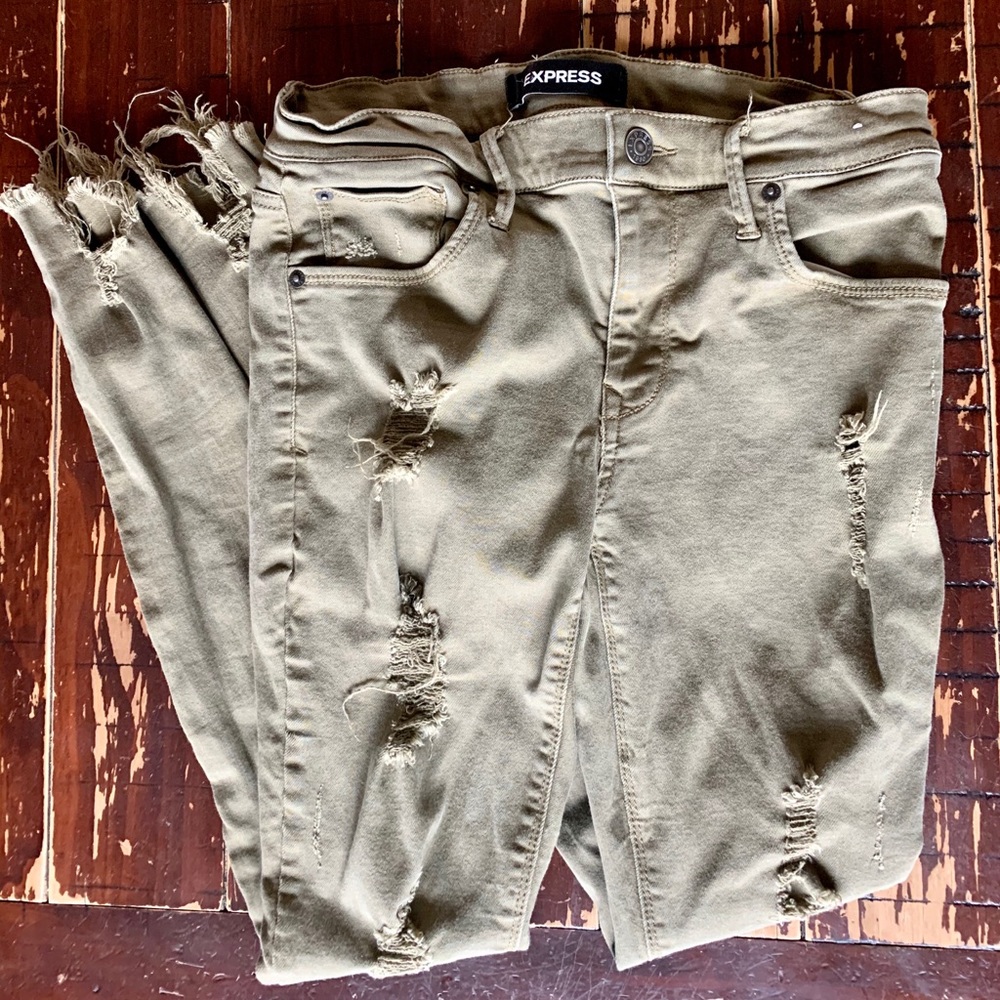 Express Olive Green Super Distressed Ankle Legging